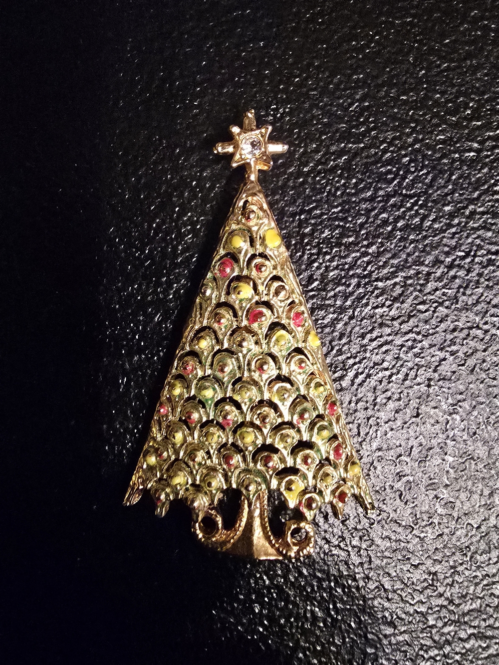 Gold-Tone Christmas Tree Pin with Red & Green Accents
